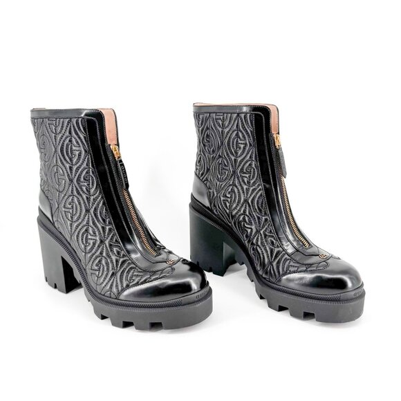 Gucci Trip Zip Front Combat Boot Size 42 US 12 Black GG Rhombus Quilted Leather - Picture 1 of 13